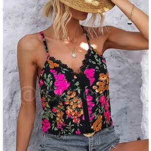 Lace Detail Multicolor Floral Print Cami Top Spaghetti Straps Black Pink